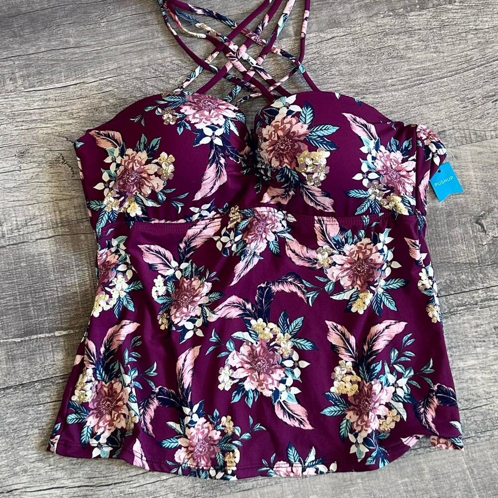 Ambrielle NEW Push Up Bandeau Floral Tankini Top D Cup M/L Strappy Halter Swim